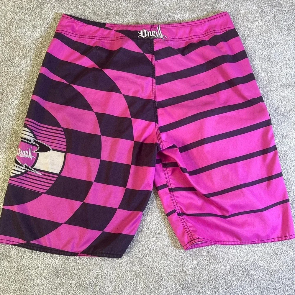 Rare O'Neill Board Shorts Pink Black Striped Surf Beachwear Swim Shorts